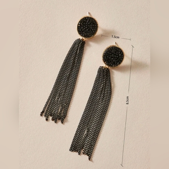 Stunning Black Rhinestone & Long Chain Tassel Dangle Drop Earrings New! - Picture 9 of 10